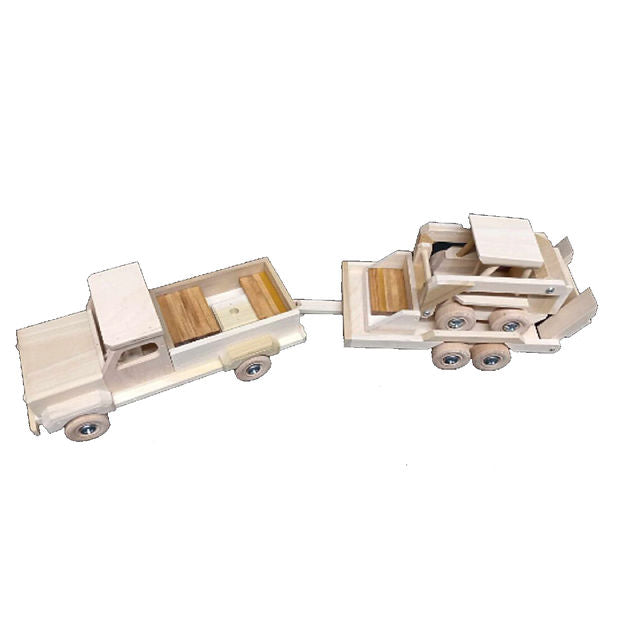 Wooden Toy Truck, Flatbed Trailer and Skid Loader Set
