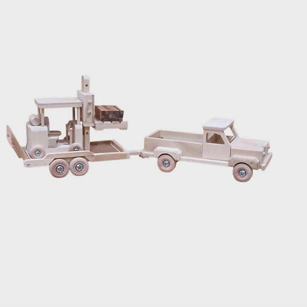 Wooden Truck, Flatbed Trailer and Forklift