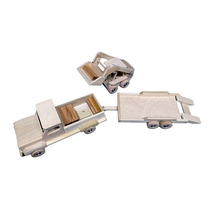 Wooden Toy Truck, Flatbed Trailer and Skid Loader Set