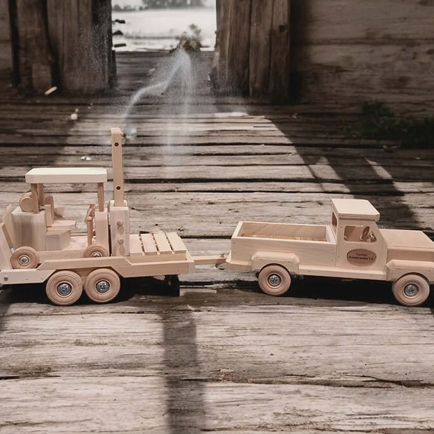 Wooden Truck, Flatbed Trailer and Forklift