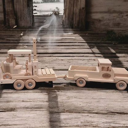 Wooden Truck, Flatbed Trailer and Forklift