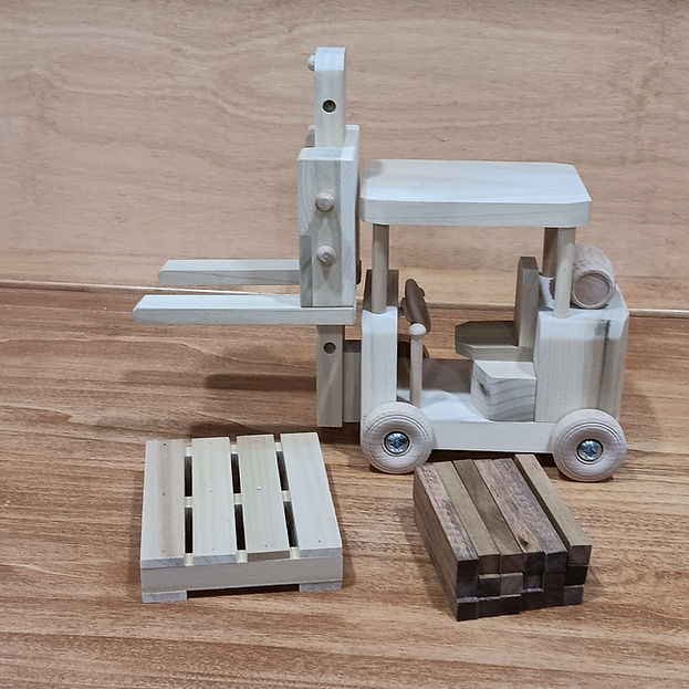 Wooden Truck, Flatbed Trailer and Forklift