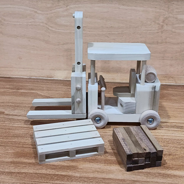 Wooden Truck, Flatbed Trailer and Forklift