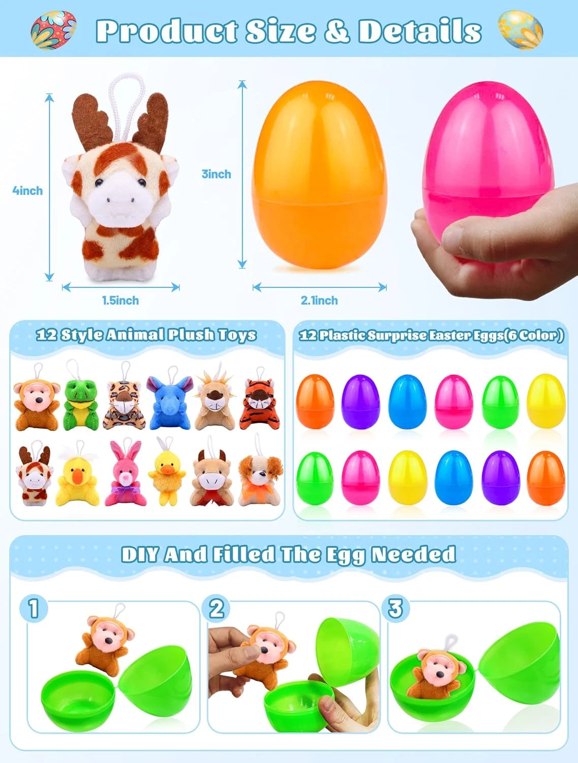 12 Pcs Filled Easter Eggs Mini Stuffed Animal Plush Toys Easter Basket Stuffers